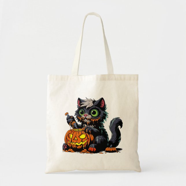 Bolsa Tote Gato de Carcaça de Abóbora de Halloween (Frente)