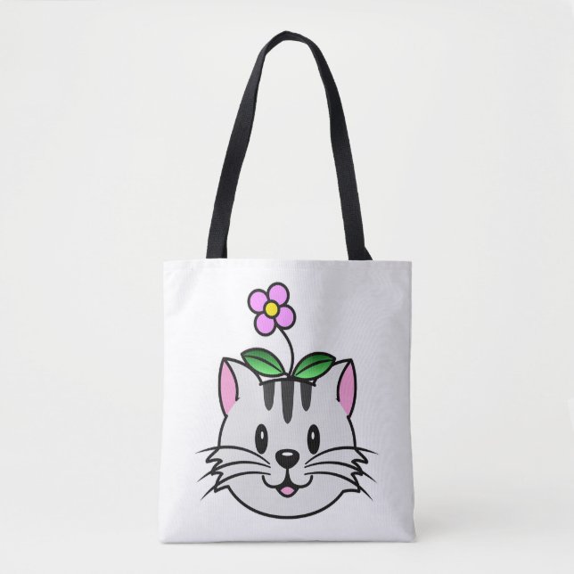 Bolsa Tote Gato de Cartoon Bonito com Flor na Cabeça (Frente)