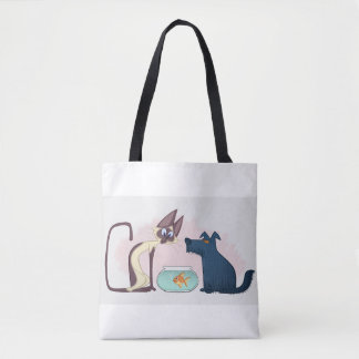 Bolsa Tote Gato de Cartoon Engraçado, Peixe Dourado, Cão