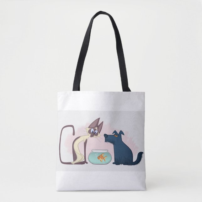 Bolsa Tote Gato de Cartoon Engraçado, Peixe Dourado, Cão (Frente)