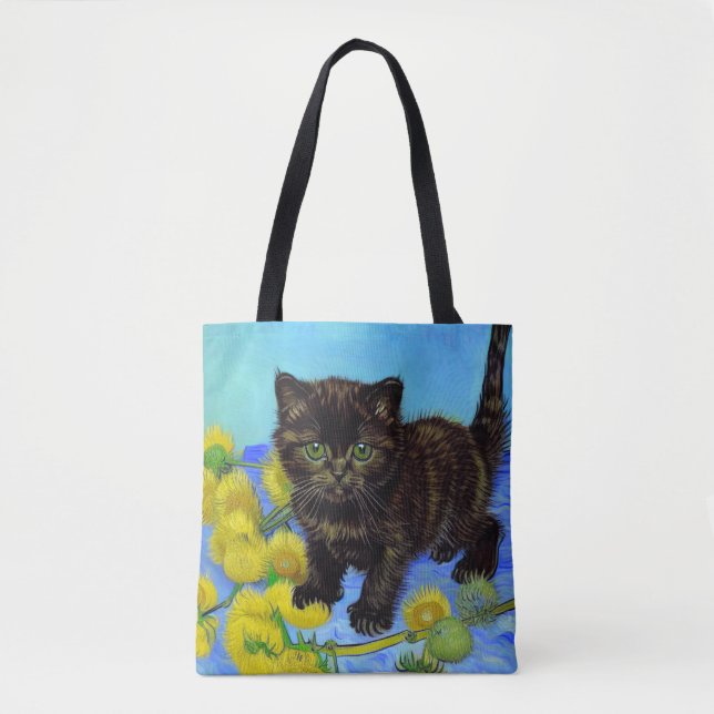 Bolsa Tote Gato de estilo Van Gogh com Sunflower (Frente)