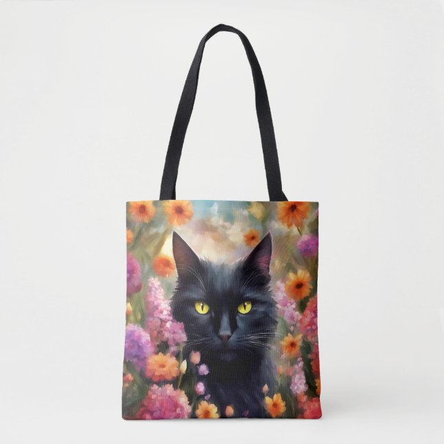 Bolsa Tote Gato de Flores de Gato Negro 736 (Frente)