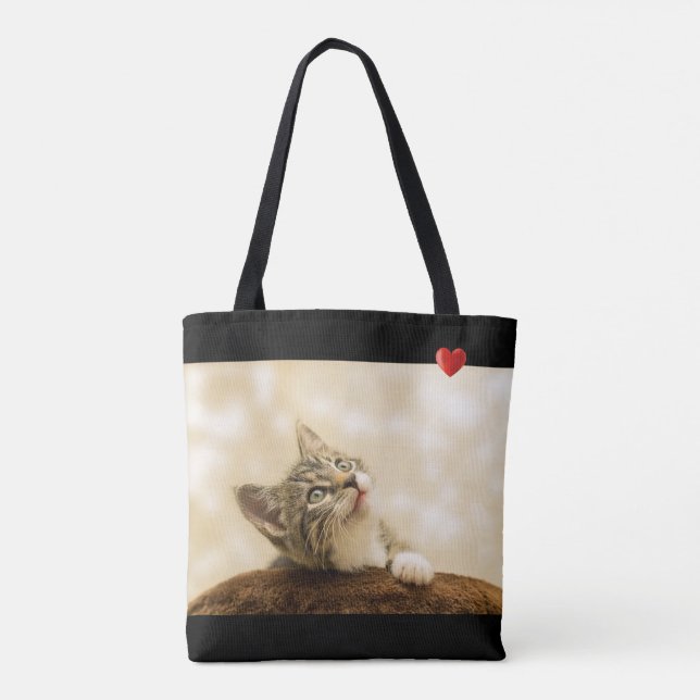 Bolsa Tote Gato de Gatinho Bonito com Coração em Preto (Verso)