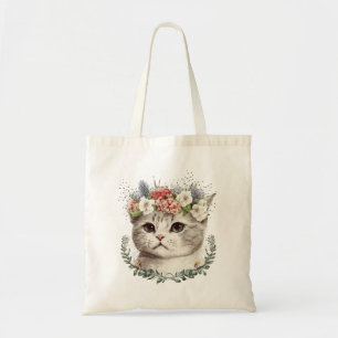 Bolsa Tote Gato de Gato Floral de Aquarela