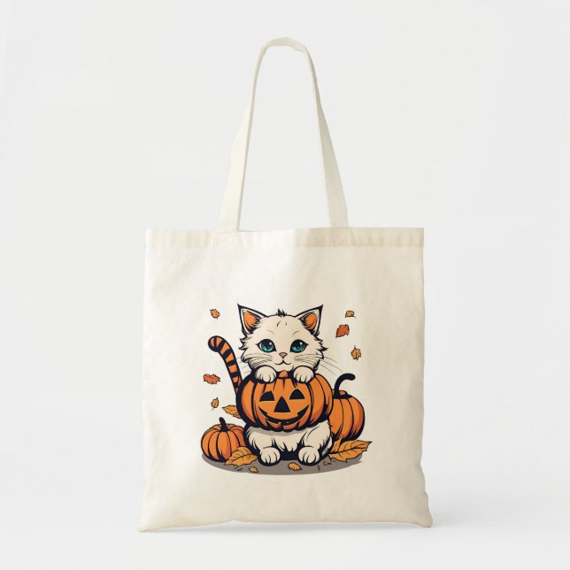 Bolsa Tote "Gato de Halloween bonito entre abóboras e saia (Frente)