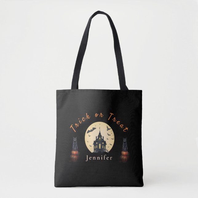 Bolsa Tote Gato de Halloween da Mansão ao Luar  (Frente)