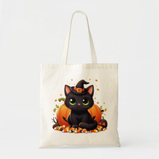 Bolsa Tote Gato de Halloween Negro com Pumpkin e Milho Adorme
