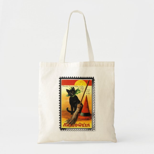 Bolsa Tote Gato de Halloween Sentado Chapéu de Bruxas (Frente)