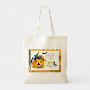 Bolsa Tote Gato de Halloween Sentado na Jack O Lantern