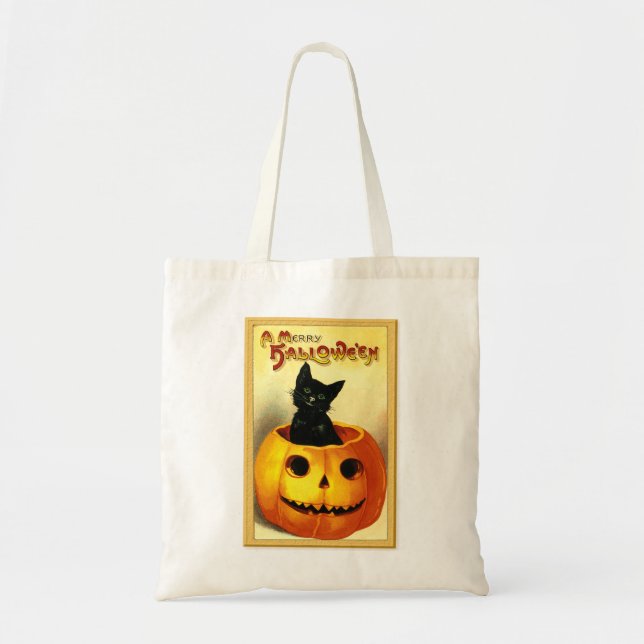 Bolsa Tote Gato de Halloween Sentado na Jack O Lantern (Frente)