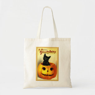 Bolsa Tote Gato de Halloween Sentado no Jack O Lantern