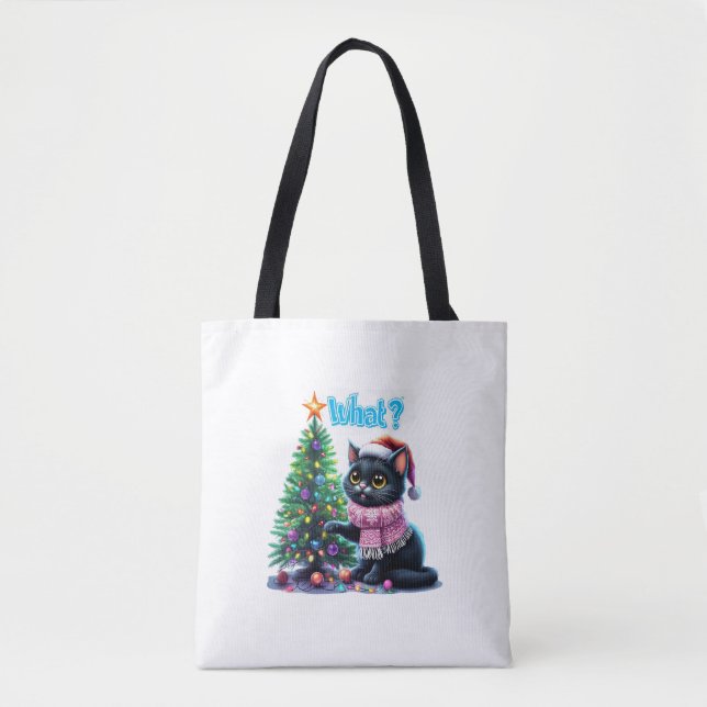 Bolsa Tote Gato de Natal engraçado O que com o adesivo de árv (Frente)