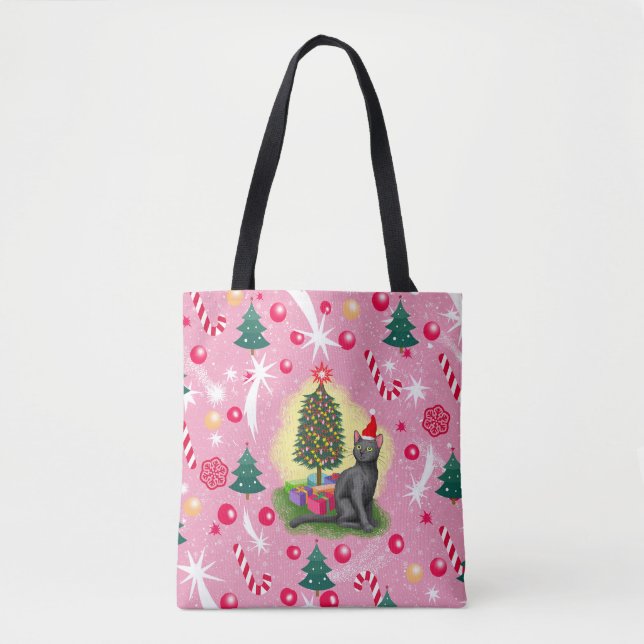 Bolsa Tote Gato de Natal Rosa (Frente)