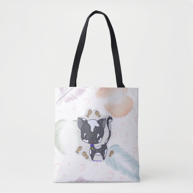 Bolsa Tote Gato de Peixe Kawaii com Saco de Penas (Frente)