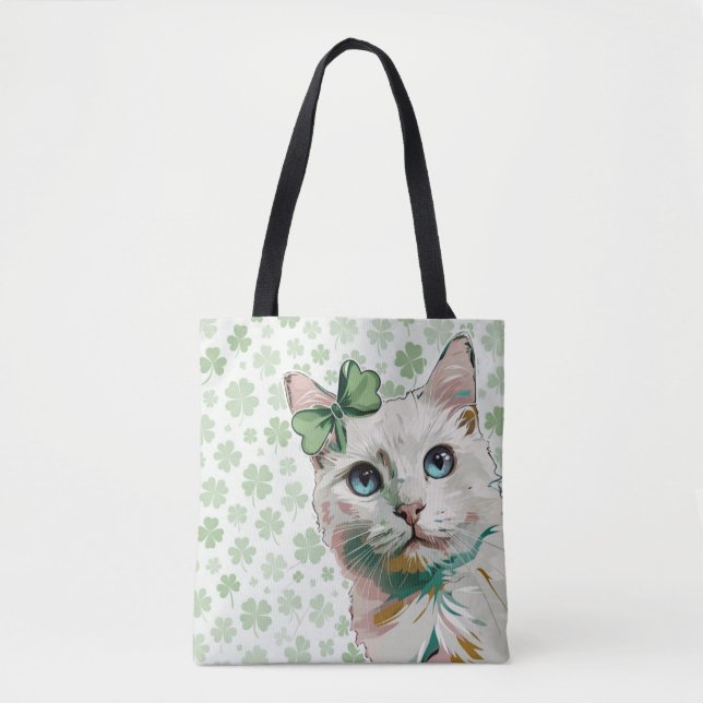 Bolsa Tote Gato de Shamrock com olhos azuis (Frente)