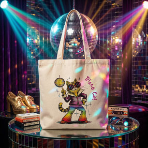 Bolsa Tote Gato Disco Groovy dos Anos 70 Arte Felina Arco-Íri