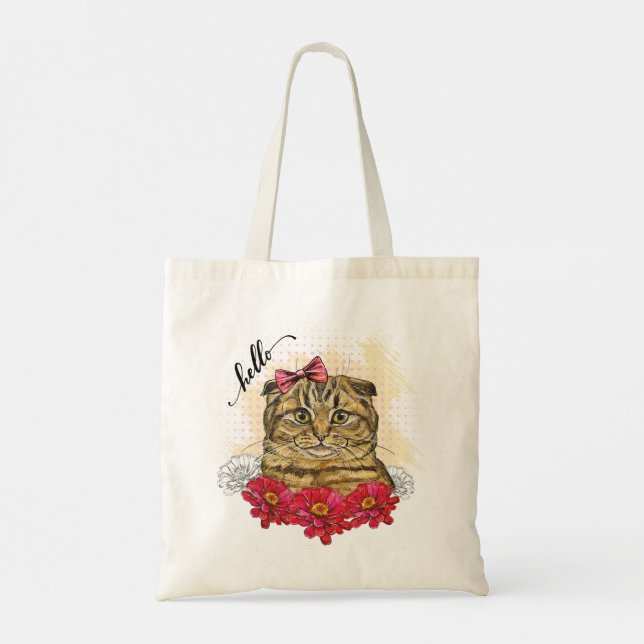 Bolsa Tote Gato-dobra escocês de desenho manual com flores ve (Verso)