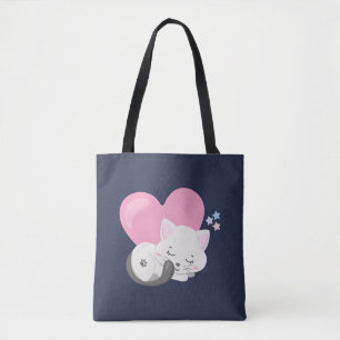 Bolsa Tote Gato doce e gata dormindo com coração rosa