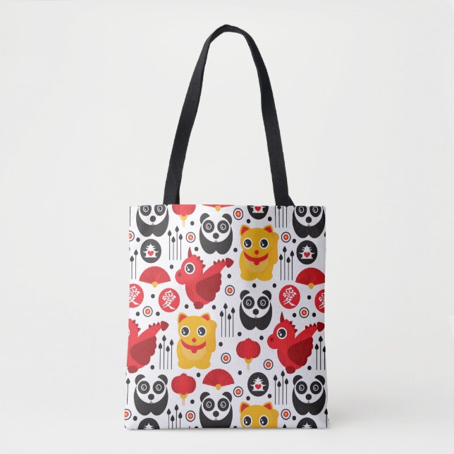 Bolsa Tote Gato, dragão, e panda afortunados de China (Frente)