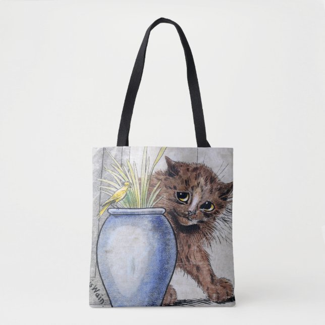 Bolsa Tote Gato e Pássaro Pequeno Amarelo, Louis Wain (Frente)