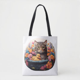 Bolsa Tote Gato E Pato Engraçados Em Uma Cesta Com Flores