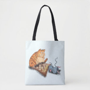 Bolsa Tote Gato e Rato Tocando Cartoon de Xadrez Engraçando 