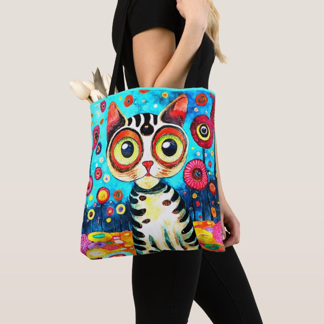 BOLSA TOTE GATO ENGRAÇADO COM DESIGN ABSTRATO DE OLHOS GRANDE (Close Up)