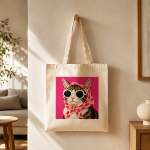 Bolsa Tote Gato Engraçado com Óculos de Sol e Lenço de Cabeça
