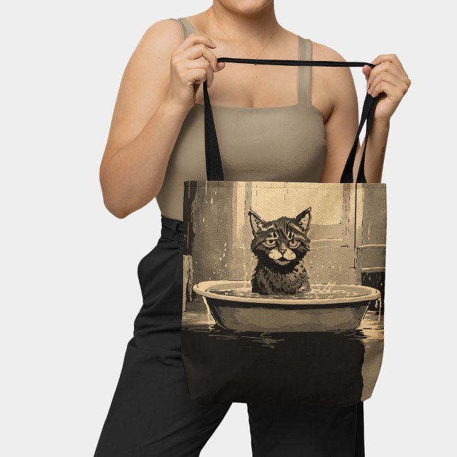 Bolsa Tote Gato Engraçado e Irritado na Banheira Negro Castan (Criador carregado)