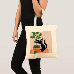 Bolsa Tote Gato engraçado figueira plantas em vaso Desenhado