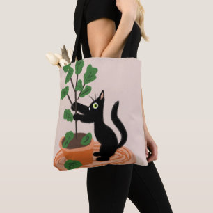 Bolsa Tote Gato engraçado figueira plantas em vaso Desenhado
