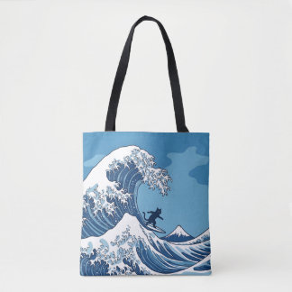 Bolsa Tote Gato Engraçado Surfando a Grande Onda de Kanagawa 