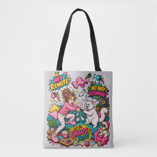 Bolsa Tote Gato Engraçado vs Batalha Remota Humana Cartoon Lo