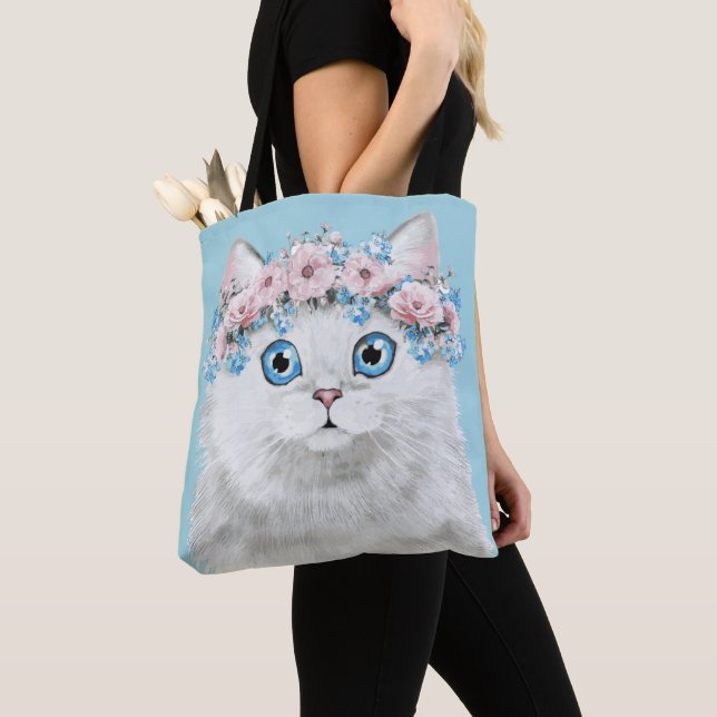 Bolsa Tote Gato floral branco doce (Close Up)