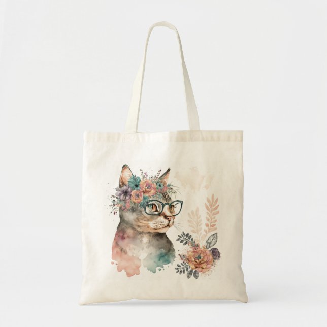 Bolsa Tote Gato Floral Engraçado com Vidro (Frente)