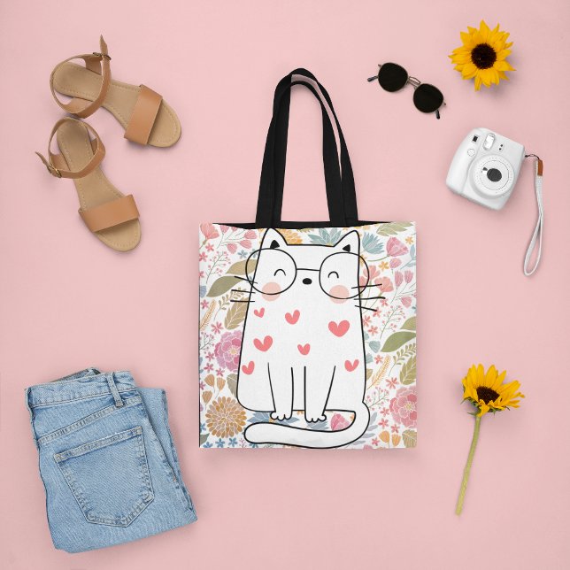 Bolsa Tote Gato Floral Engraçado com Vidro (Criador carregado)