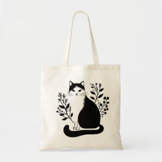 Bolsa Tote Gato Floral Negro e Branco