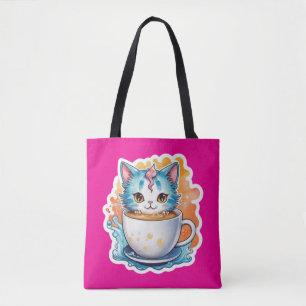 Bolsa Tote Gato Fofo Com Caneca De Café Design De Desenho-946