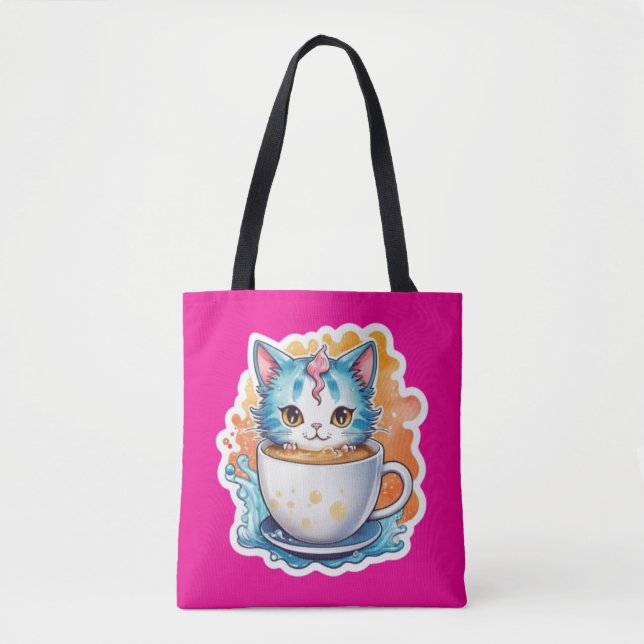 Bolsa Tote Gato Fofo Com Caneca De Café Design De Desenho-946 (Frente)