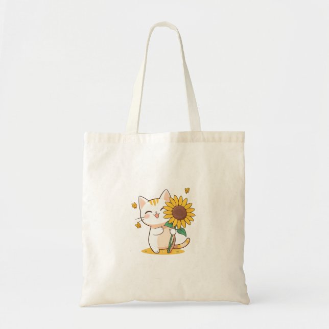 Bolsa Tote Gato Fofo com Design Kawaii de Girassol (Frente)