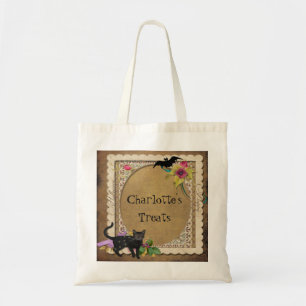Bolsa Tote Gato Fofo e Morcego Halloween Vintage