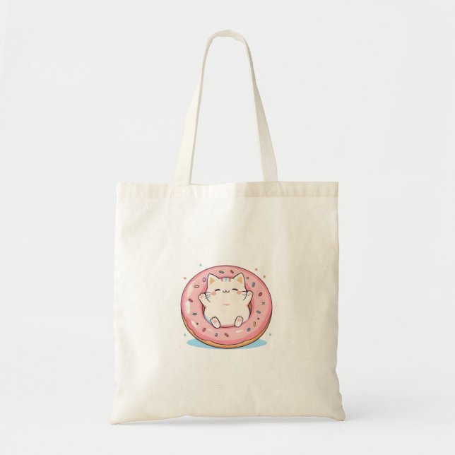 Bolsa Tote Gato Fofo em Design Kawaii de Donut Doce (Frente)