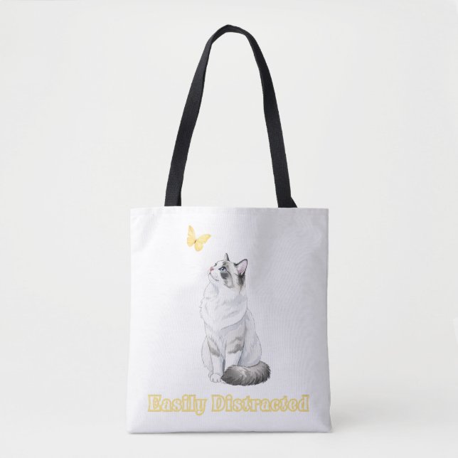 Bolsa Tote Gato Fofo Facilmente Distraído e Design de Borbole (Frente)