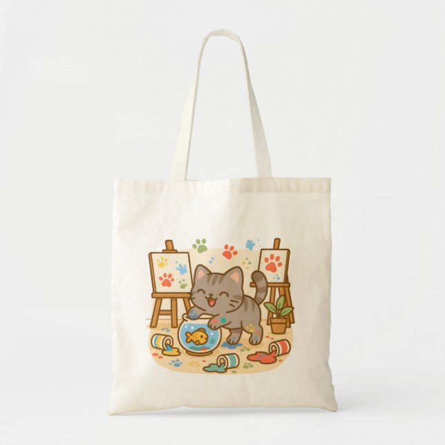 Bolsa Tote Gato Gatinho Kawaii Bonito Brincando com Tintas Co (Frente)