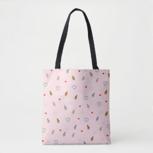 Bolsa Tote Gato giro e padrão cardíaco cor-de-rosa