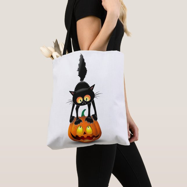 Bolsa Tote Gato Halloween Caricatura Assustada na Pumpkin (Close Up)