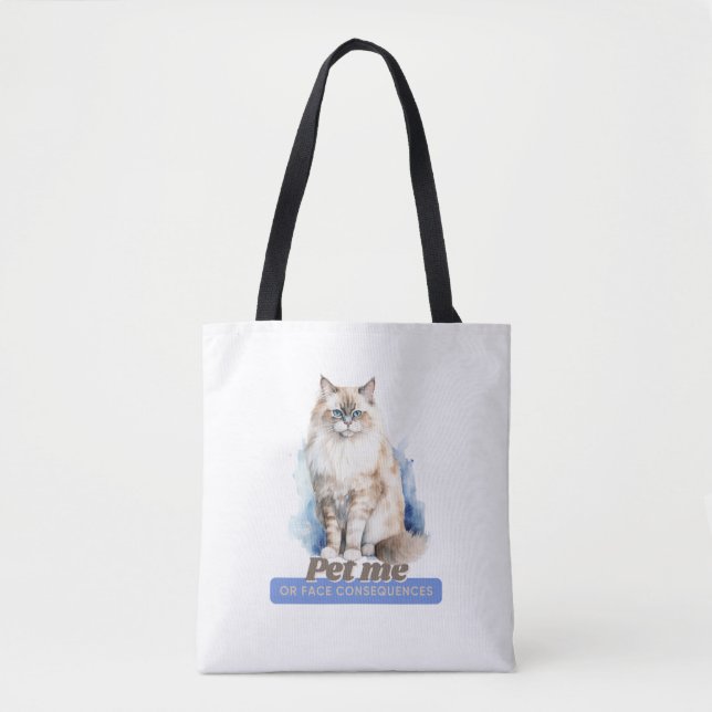 Bolsa Tote Gato Hilário "Pet Me or Face Consequências" (Frente)