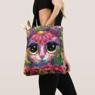 Bolsa Tote Gato Impressionista Whimsical de Olhos Grandes em