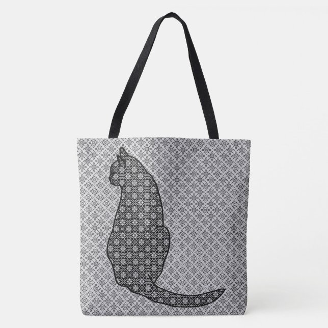 Bolsa Tote Gato Japonês - Impressão Kimono preto e branco (Frente)