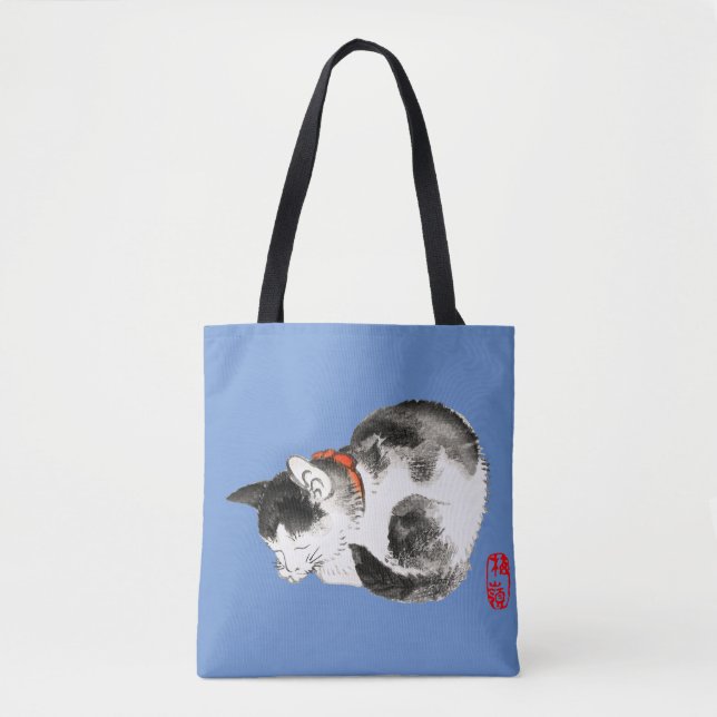 Bolsa Tote Gato japonês preto e branco dormindo (Frente)